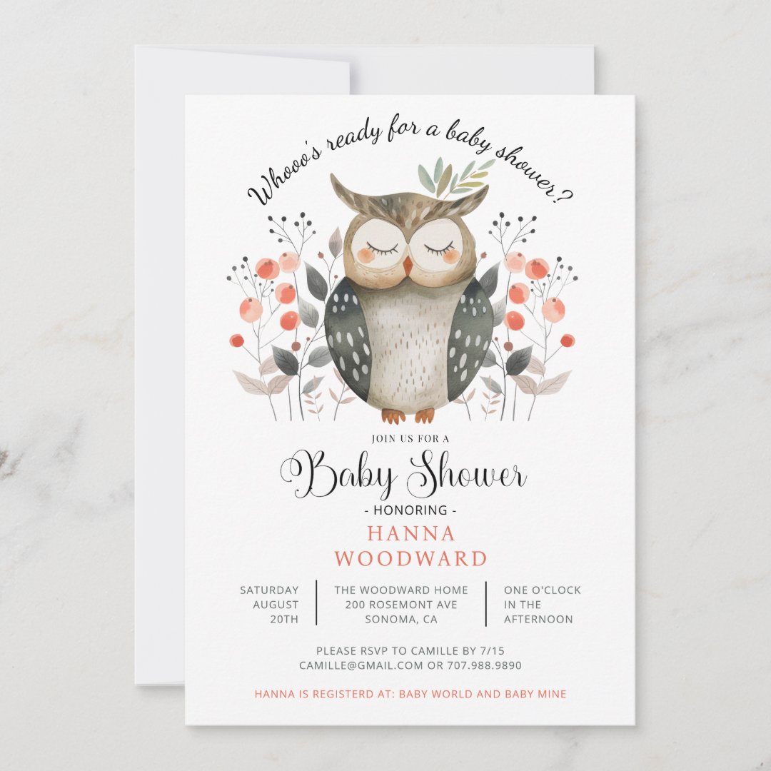 Woodland Forest Animal Owl Baby Shower                    Invitation