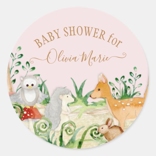 Woodland Forest Animal Pink Deer Fox Owl Foliage Classic Round Sticker