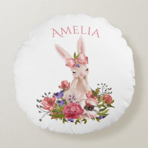 Woodland Forest Animal Pink Floral Name Round Pillow