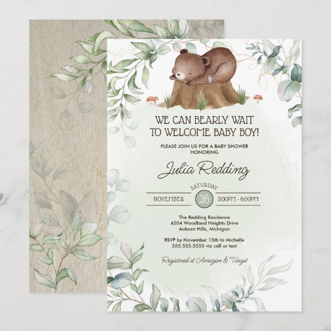 Woodland Forest Animal Rustic Bear Boy Baby Shower Invitation (Front/Back)