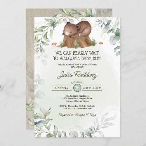 Woodland Forest Animal Rustic Bear Boy Baby Shower Invitation