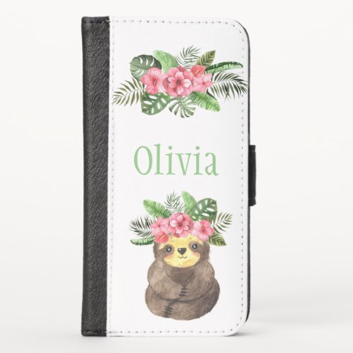 Woodland Forest Animal Sloth Name Floral iPhone X Wallet Case