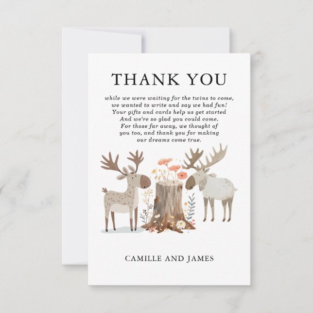 Woodland Forest Animal Twins Baby Shower Thank You Card (Front)