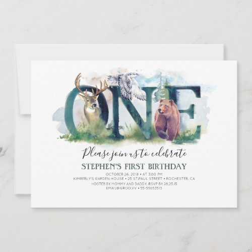 Woodland Forest Animals 1st Birthday Invitation