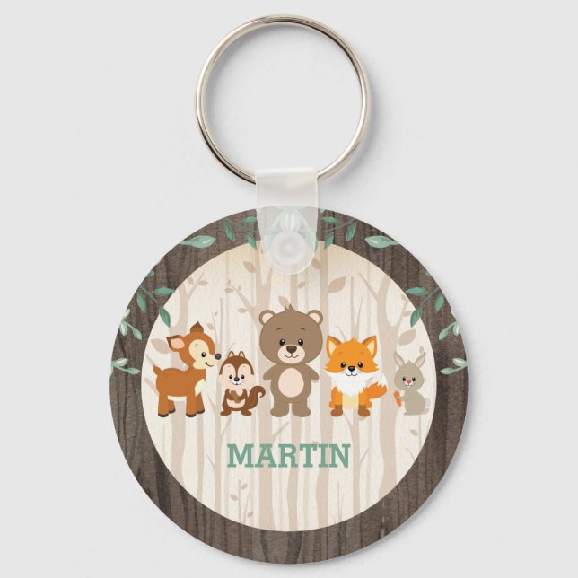 Woodland Forest Animals 1st Birthday Party Favors Keychain (Front)