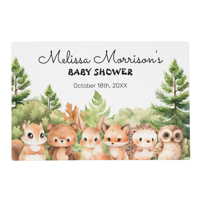 Woodland Forest Animals Baby Boy Shower Party Placemat (Front)