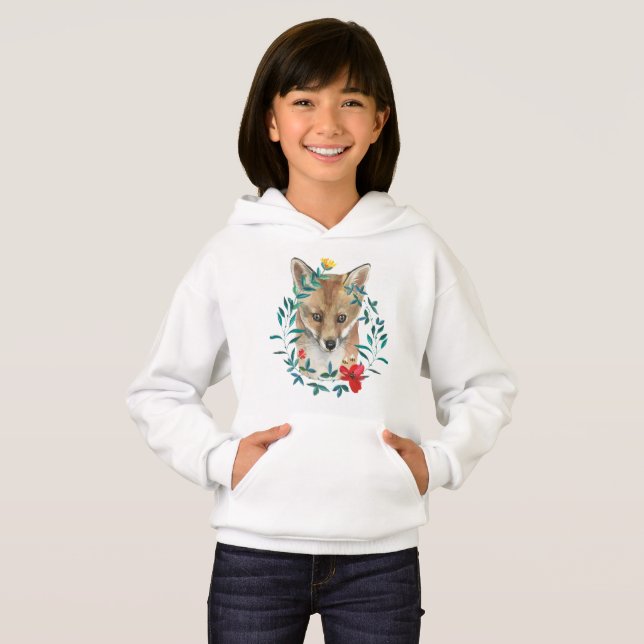 Woodland Forest Animals Baby Fox in Floral Wreath  Hoodie (Front Full)