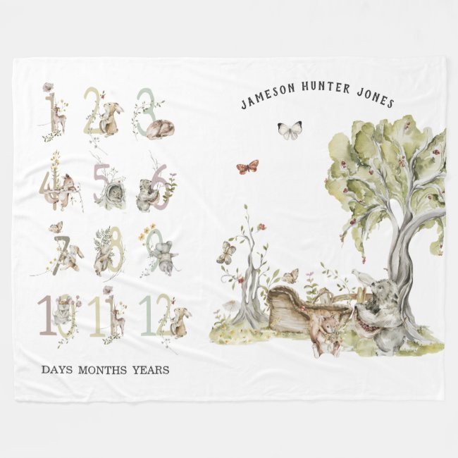 Woodland Forest Animals | Baby Milestone  Fleece Blanket