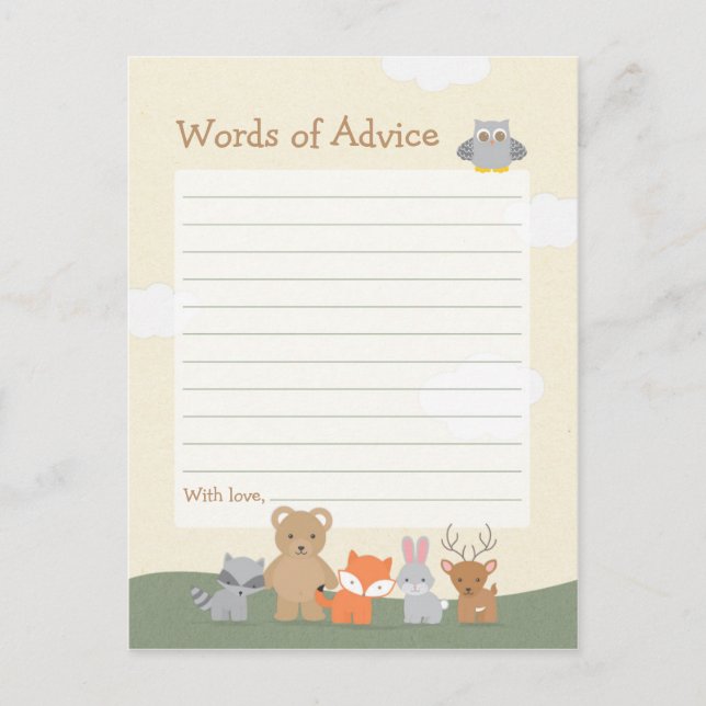 Woodland Forest Animals Baby Shower Advice Cards (Front)
