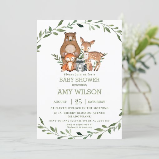 Woodland Forest Animals Baby Shower Greenery Invitation | Zazzle