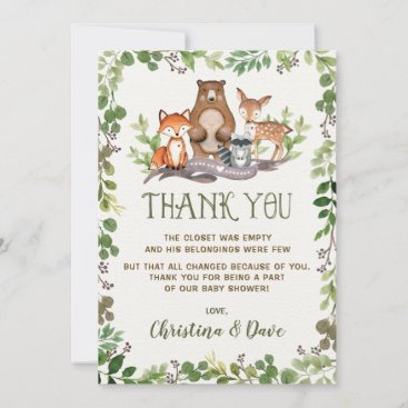 Woodland Forest Animals Baby Shower Greenery Thank You Card