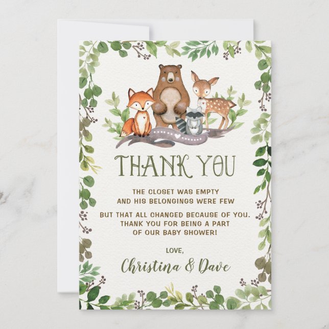Woodland Forest Animals Baby Shower Greenery Thank You Card (Front)