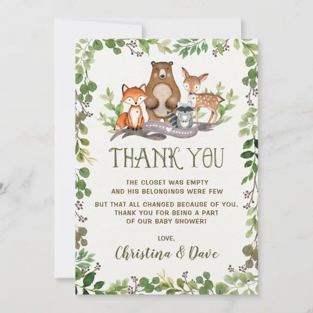 Woodland Forest Animals Baby Shower Greenery Thank You Card | Zazzle