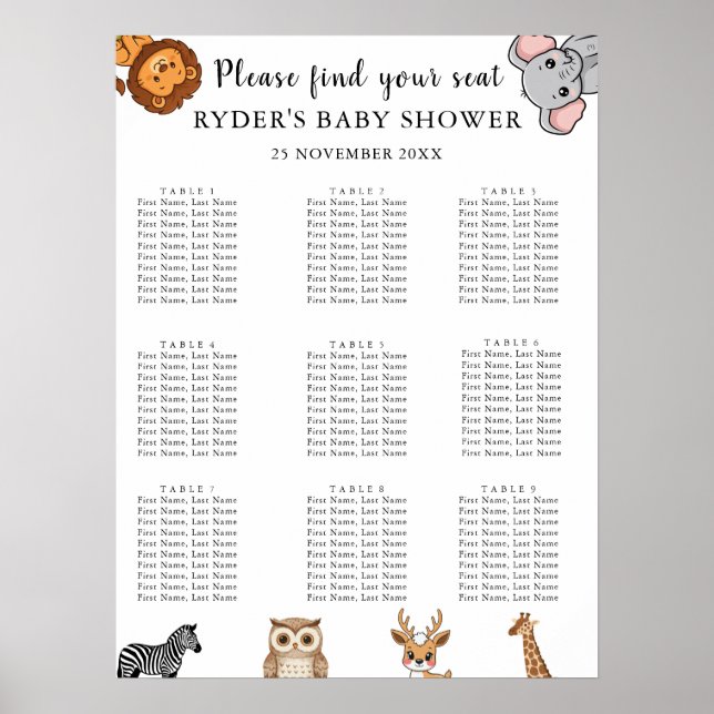 Woodland Forest Animals Baby Shower Seating Charts (Front)