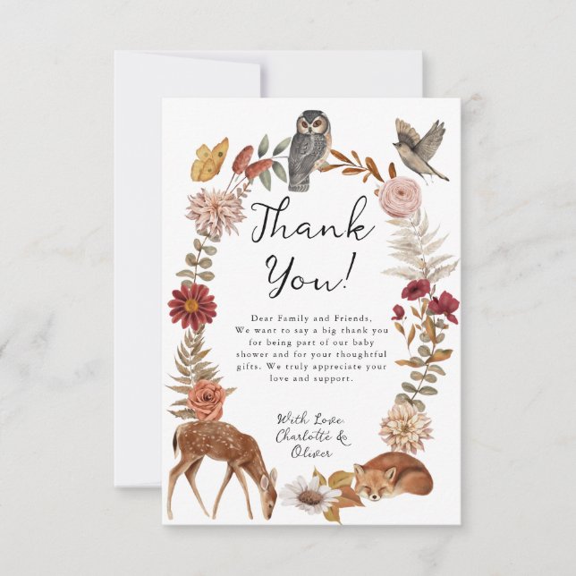 Woodland Forest Animals Baby Shower Thank You Card (Front)