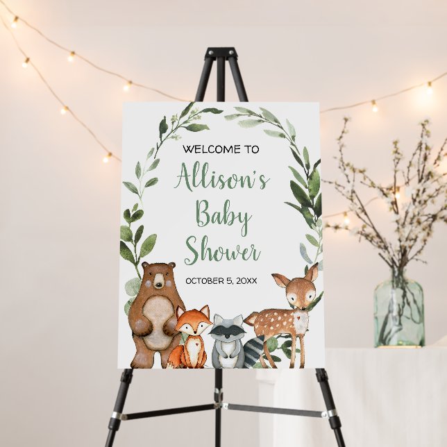 Woodland forest animals baby shower welcome sign (In Situ (Stand))