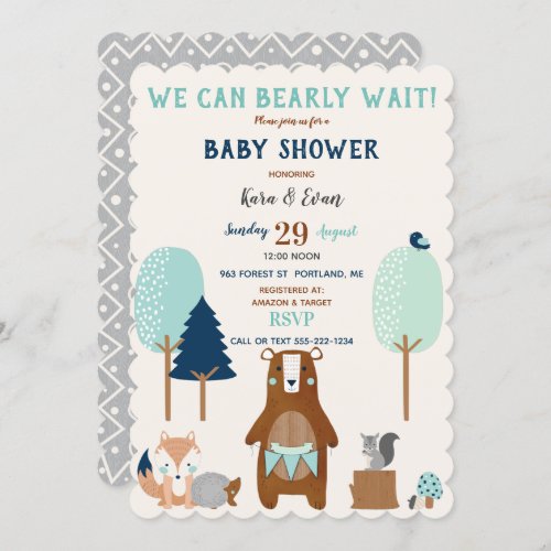Woodland Forest Animals Bear Rustic Blue Brown Invitation