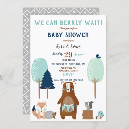 Woodland Forest Animals Bear Rustic Blue Brown Invitation