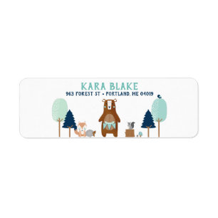 Woodland Forest Animals Bear Rustic Blue Brown Label