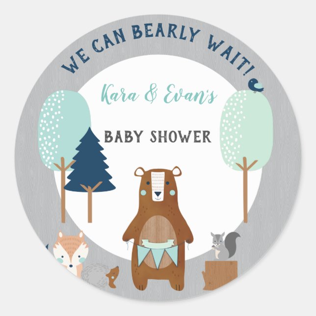 Woodland Forest Animals Bear Rustic Blue Gray Classic Round Sticker (Front)