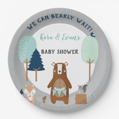 Woodland Forest Animals Bear Rustic Blue Gray Paper Plates