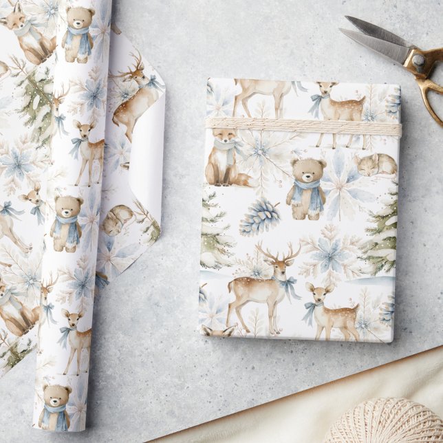 Woodland Forest Animals Blue Christmas  Wrapping Paper (Creator Uploaded)