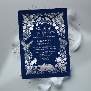 Woodland Forest Animals Blue Winter Baby Shower Foil Invitation