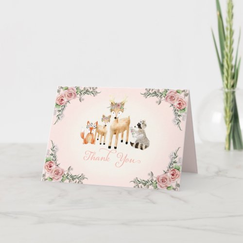 Woodland Forest Animals Boho Rose Floral Thank You