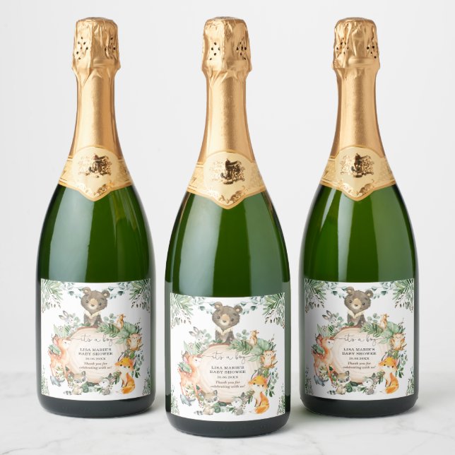 Woodland Forest Animals Boy Baby Shower Favors Sparkling Wine Label (Bottles)