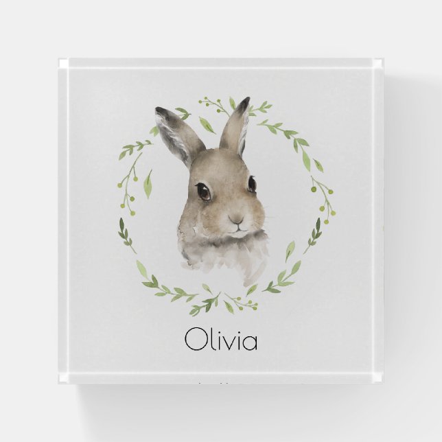 Woodland Forest Animals Bunny Name Watercolor  Paperweight (Front)