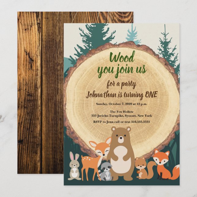Woodland Forest Animals cut wood 1st Birthday Invitation (Front/Back)