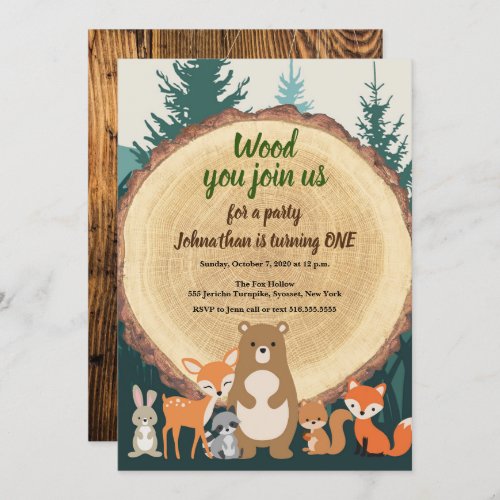 Woodland Forest Animals cut wood 1st Birthday Invitation