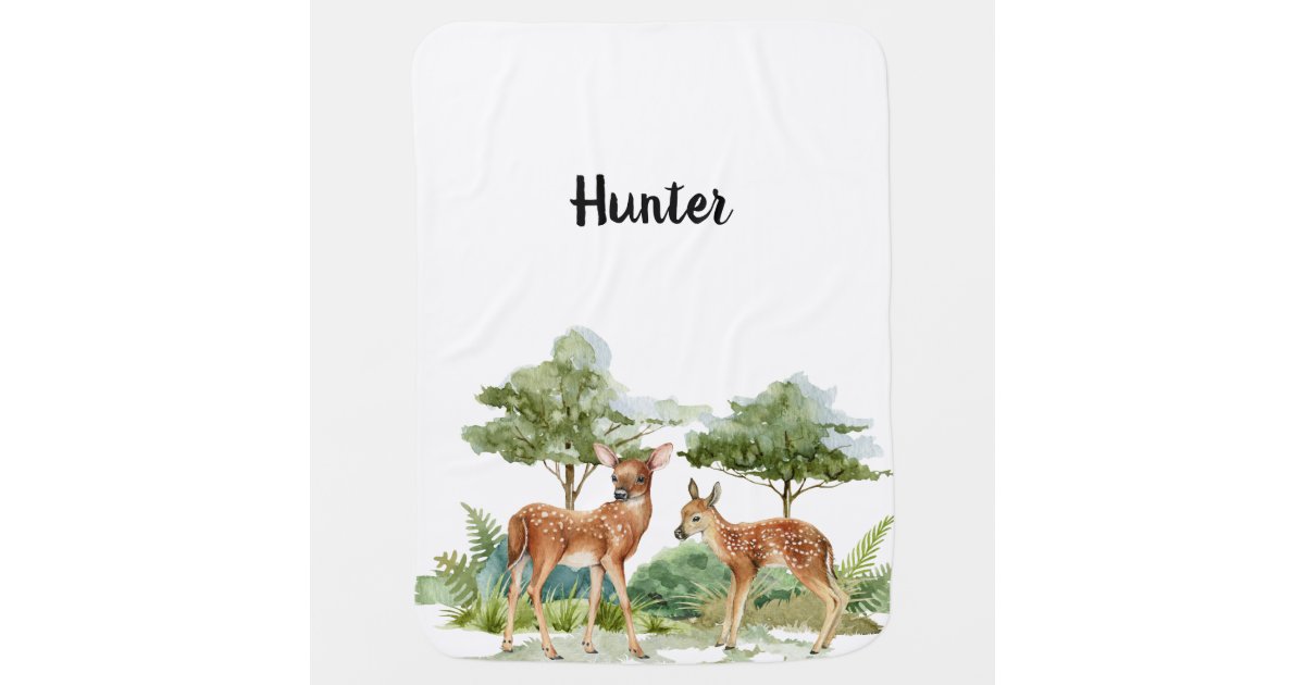 Woodland forest animals deer cute name baby blanket | Zazzle