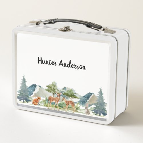 Woodland forest animals deer cute name metal lunch box