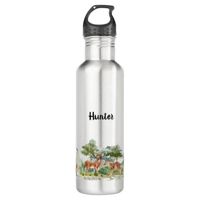 Woodland forest animals deer cute name  stainless steel water bottle (Front)