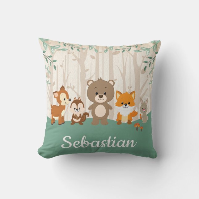 Woodland Forest Animals Deer Fox Bear Nursery Throw Pillow (Front)