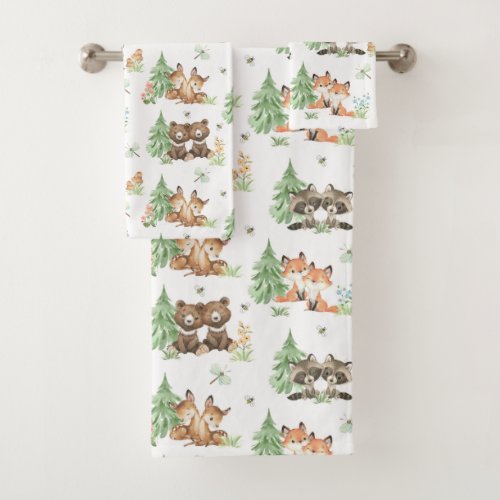 Woodland Forest Animals Deer Fox Bear Raccoon Kids Bath Towel Set