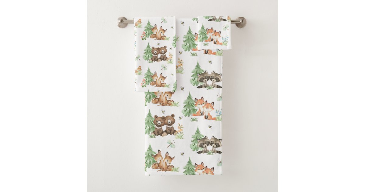 Woodland Forest Animals Deer Fox Bear Raccoon Kids Bath Towel Set | Zazzle