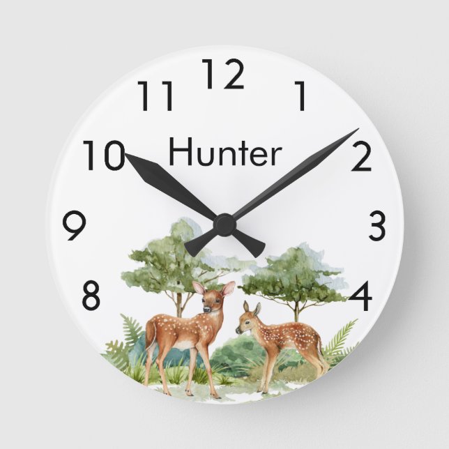 Woodland forest animals deer name nursery round clock (Front)