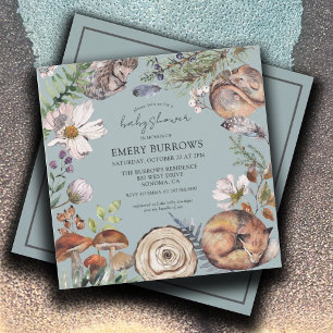 Woodland Forest Animals Dusty Blue Baby Shower Invitation