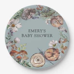 Woodland Forest Animals Dusty Blue Baby Shower Paper Plates