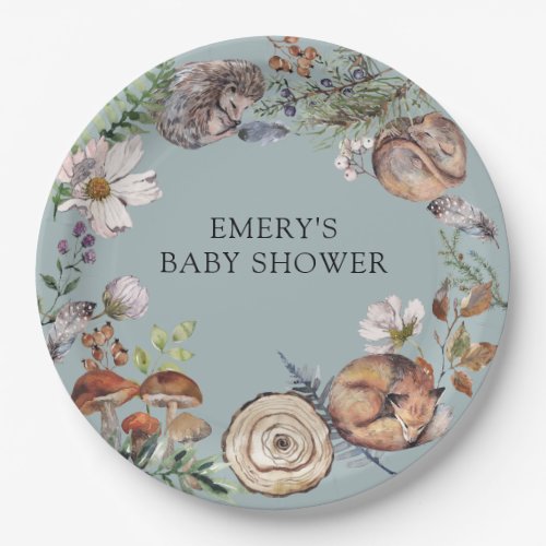 Woodland Forest Animals Dusty Blue Baby Shower Paper Plates