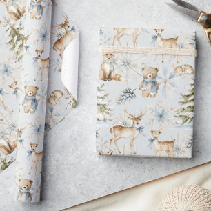 Woodland Forest Animals Dusty Blue Christmas Wrapping Paper