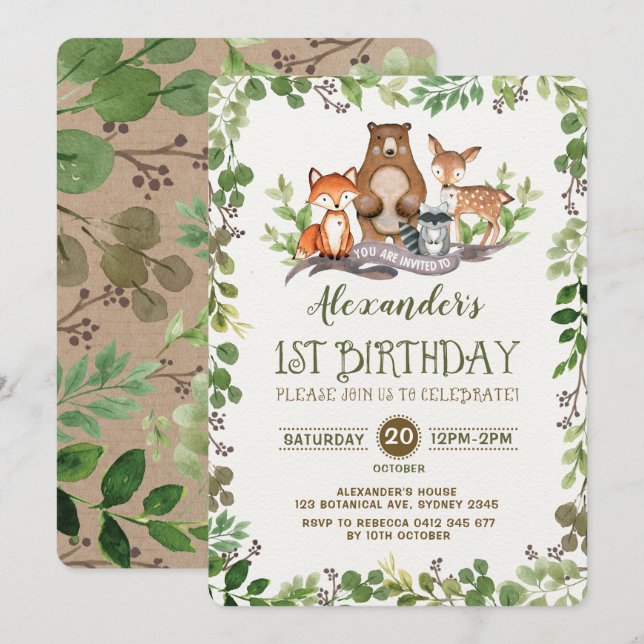Woodland Forest Animals First 1st Birthday Invite (Front/Back)