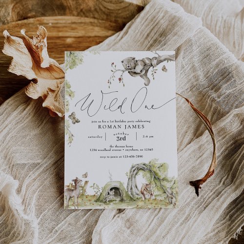 Woodland Forest Animals First Birthday  Invitation