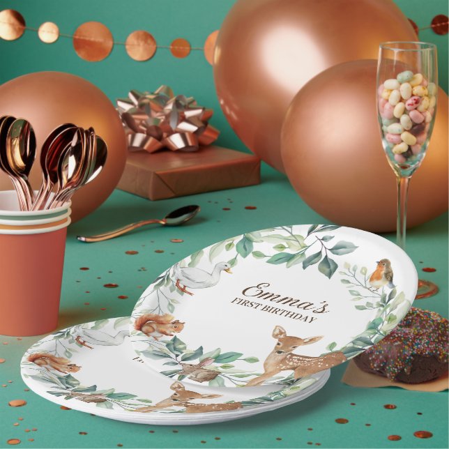 Woodland Forest Animals First Birthday Invitation Paper Plates (Multi)