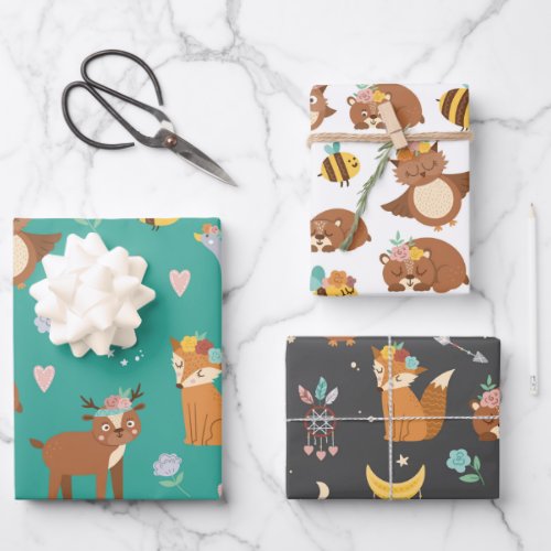 Woodland Forest Animals Fox Deer Kids Birthday  Wr Wrapping Paper Sheets