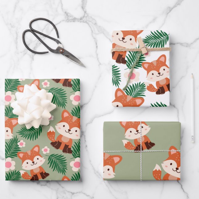 Woodland Forest Animals Fox Floral Kids Birthday   Wrapping Paper Sheets (Front)