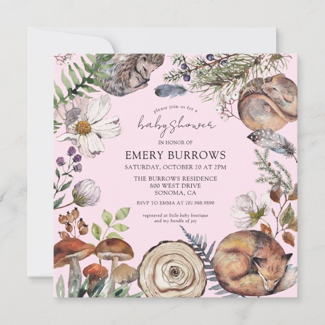 Woodland Forest Animals Girl Baby Shower Invitation (Front)