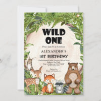 Woodland forest animals greenery wooden slice invi invitation